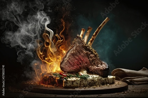 Tomahawk meat, premium beef on fire, delicious food (Ai generated)