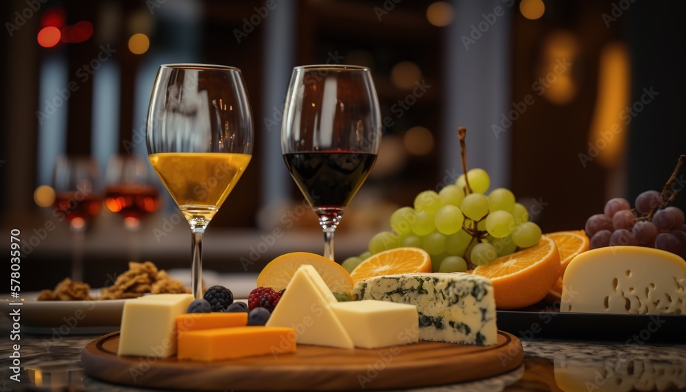  two glasses of wine, cheese, and grapes on a table with a plate of cheese and grapes on the side of the table, and a plate of cheese and grapes on the side.  generative ai