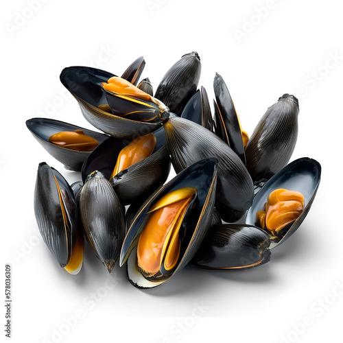 Mussels on white background. Generative artifical intelligence 