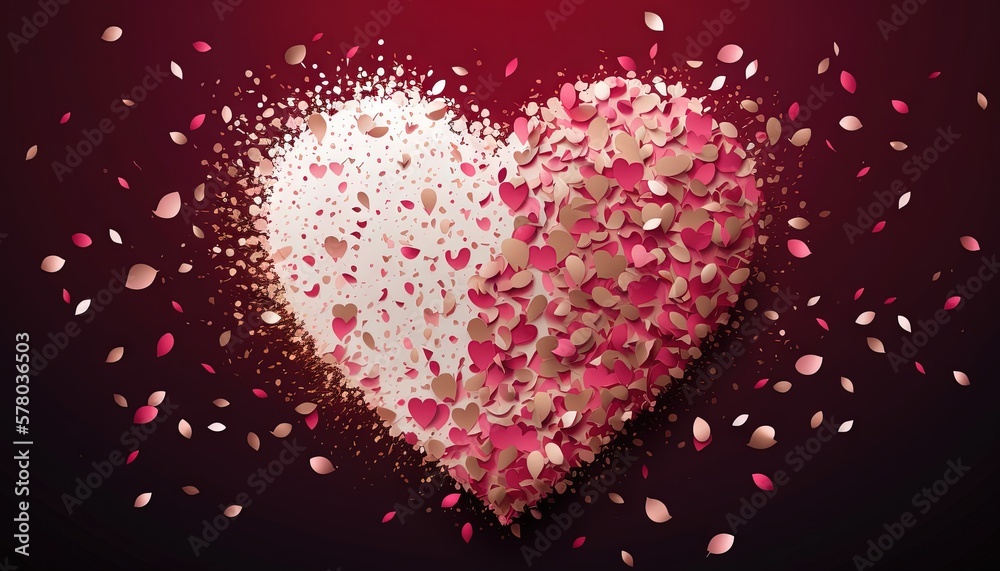  a heart shaped object with pink petals on a dark background with a red background and pink petals on the bottom of the heart, with a red background of pink petals.  generative ai