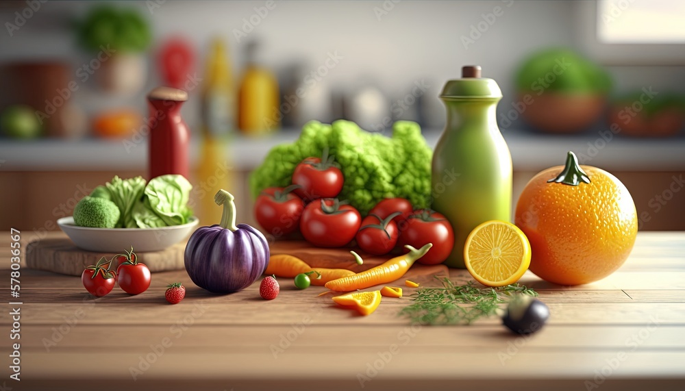 a wooden table topped with a bowl of fruit and vegetables next to a bottle of juice and a bowl of broccoli and an orange. generative ai a wooden table topped with a bowl of fruit and vegetables next to a bottle of juice and a bowl of broccoli and an orange. generative ai