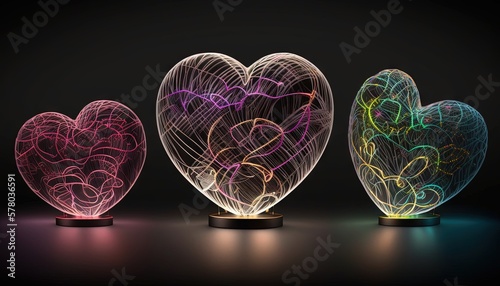  three heart shaped glass vases sitting on top of a table next to each other on top of a black surface with a black background. generative ai