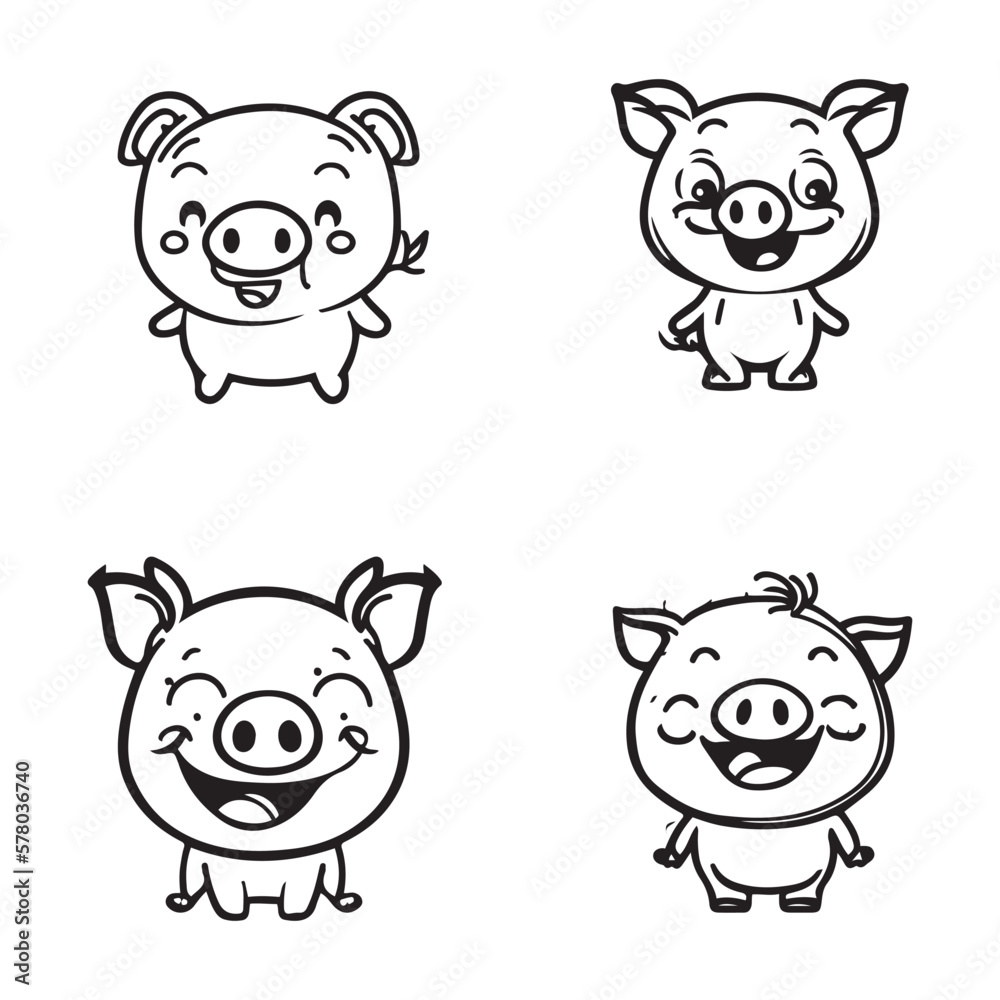 set of cute cartoon pig character outline icon vector. smiling pigs vector logo set illustration