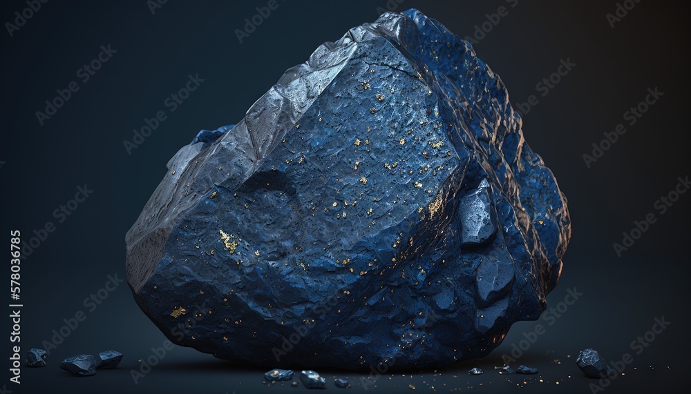  a blue rock with a metallic foil covering it's surface and some rocks scattered around it on a black background with a black background.  generative ai