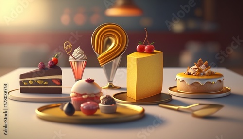  a table topped with cakes and desserts covered in frosting and toppings on top of each one of the plates and on top of the table.  generative ai