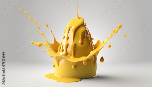  a yellow liquid splashing out of a cup on a white surface with a gray background and a light gray background with a white backdrop. generative ai