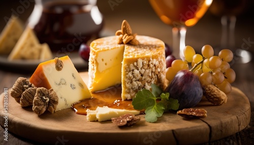  a wooden plate topped with different types of cheese and nuts next to a glass of wine and a bottle of wine in the back ground. generative ai