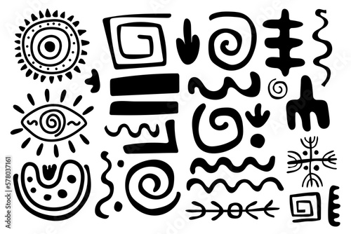 Set primitive ethnic ornaments, petroglyphs. Arrows, lines, spirals, circles. Patterns, drawings of ancient tribe, Stone Age. Design element for textiles, paper, fabrics, postcard. Vector illustration photo