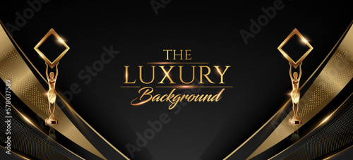 Black Golden Stage Award Background. Side Corner Lines Trophy on Luxury Background. Modern Abstract Design Template. LED Visual Motion Graphics. Wedding Marriage Invitation Poster.