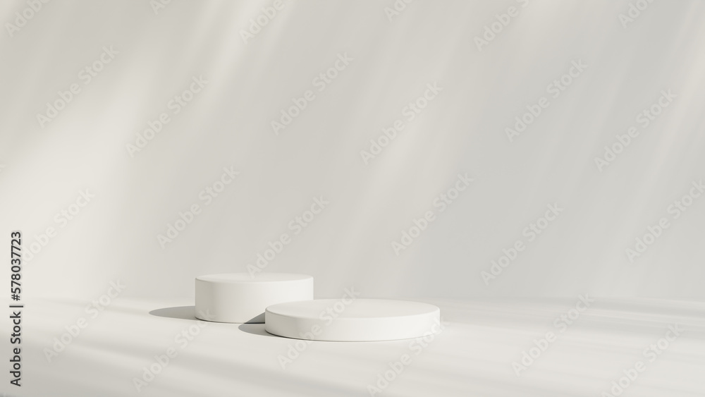 Abstract white room with realistic white cylinder pedestal podium set and leaf shadow overlay. Minimal scene for product display presentation. geometric platform stage for showcase. - obrazy, fototapety, plakaty 