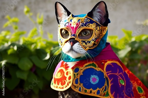 cat wearing a luchador mask and cape (AI Generated) photo