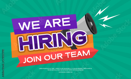 Green and purple poster saying we're hiring