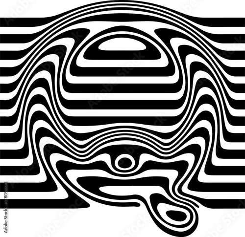 Liquified letter Q, 3d striped sign, optical illusion font for opart style logo and monogram. Vector typographic design