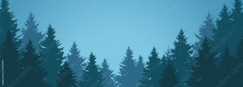 Fototapeta premium Blue silhouettes of spruce trees forest horizontal banner template. Creative art design blank nature context. Place for text, text area, copy space. 