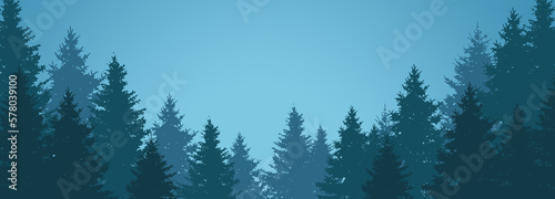 Blue silhouettes of spruce trees forest horizontal banner template. Creative art design blank nature context. Place for text, text area, copy space. © Oleksiy Oliinyk