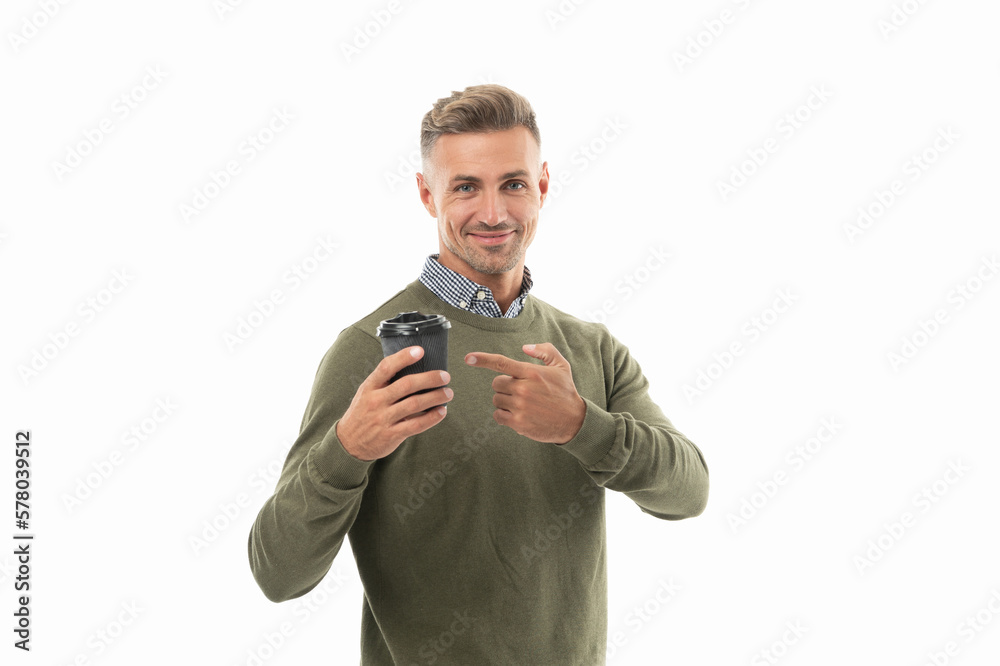 man pointing at coffee break on background. photo of man at coffee break. man pointing at coffee break on background. photo of man at coffee break.