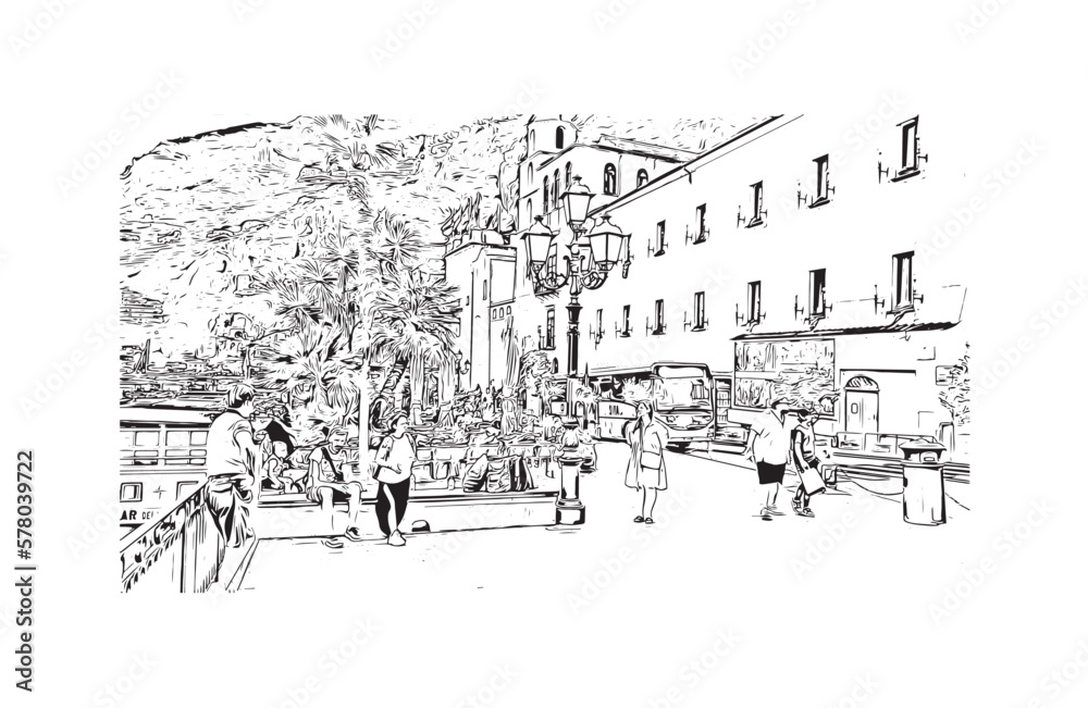 Building view with landmark of Positano is the 
village in Italy. Hand drawn sketch illustration in vector.