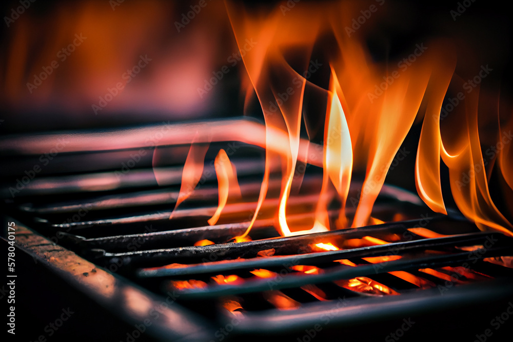 Barbecue Grill With Fire Flames,  Empty Fire Grid On Black Background, Barbecue Fire Flames, burning charcoals, generative ai