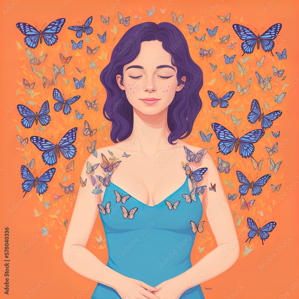 Fototapeta premium Image of a woman surrounded by butterflies. Great for ads, book covers, posters and more. 