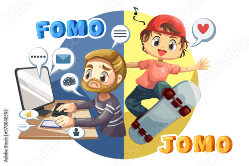 Fomo and Jomo concept. fear of missing out, joy of missing out
