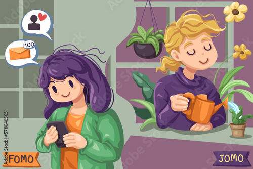 Fomo and Jomo concept. fear of missing out, joy of missing out