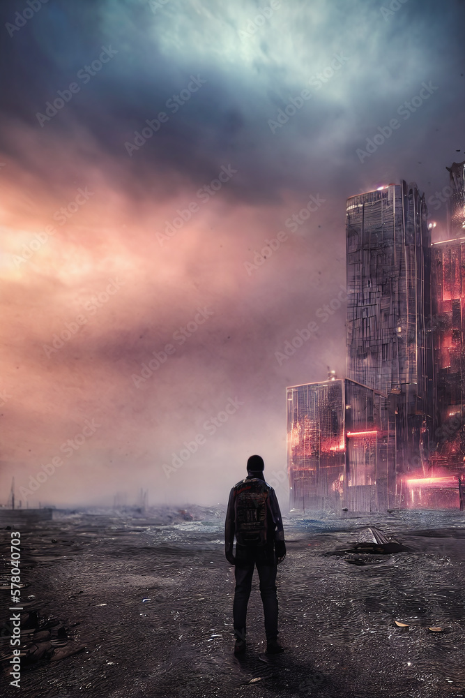 Obraz premium Silhouette of a man at sunset, apocalyptic architecture, a group of tall buildings in the middle of the city, Generation of artificial intelligence.