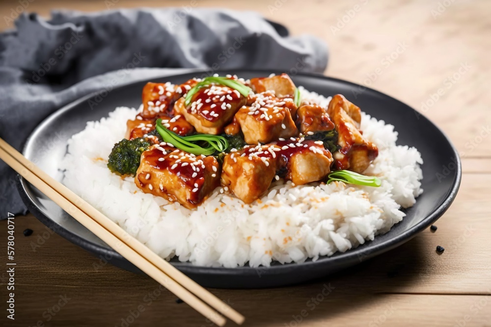 oriental orange chicken, Rice With Chicken And Vegetables Stock Photo