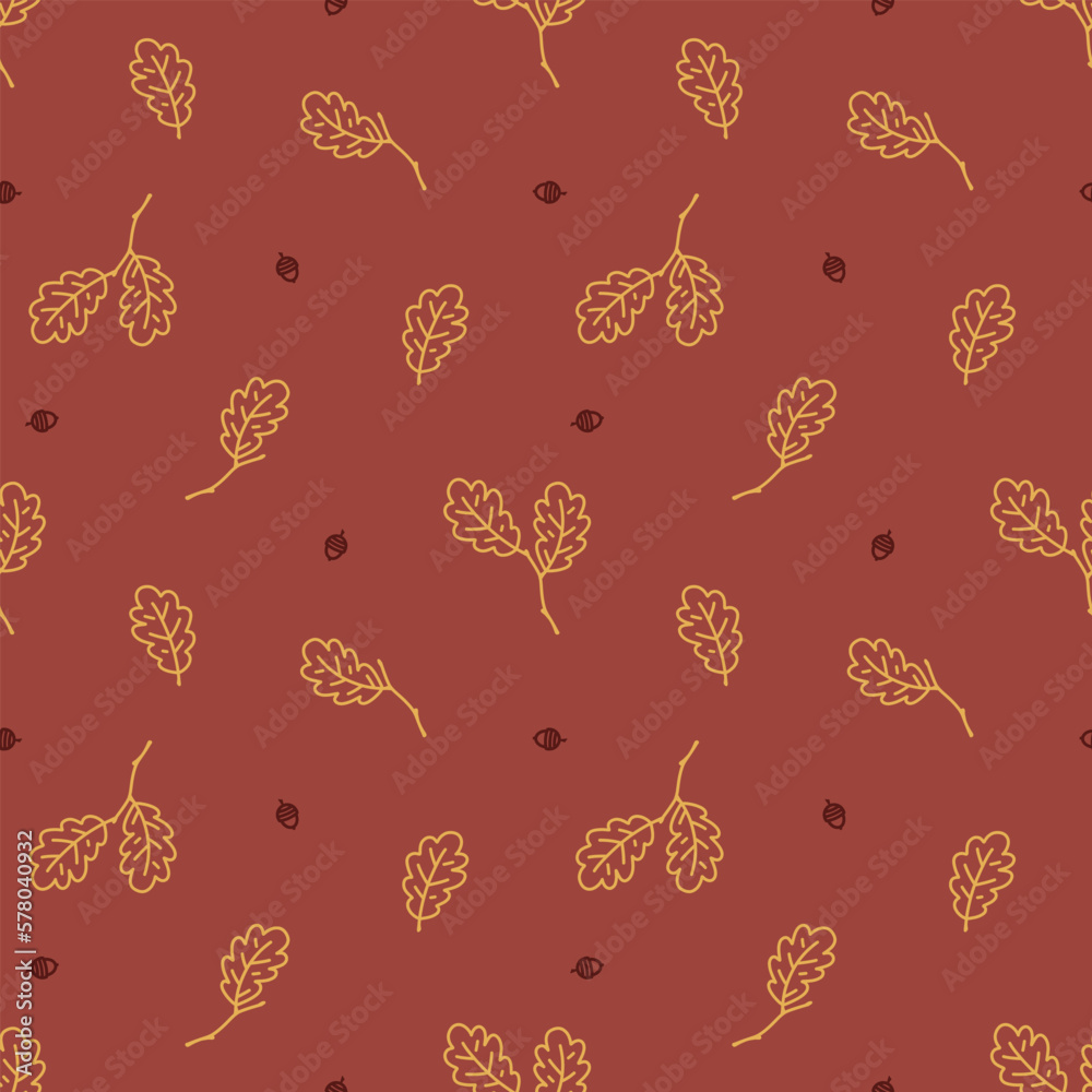 Seamless vector pattern with cute hand drawn acorns and oak tree leaves ...