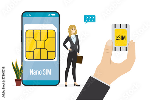 Seller hand give esim to woman client. Smartphone with old standard sim card. Embedded simcard, modern technology. Happy girl user with digital card microchip, smartphone gsm.