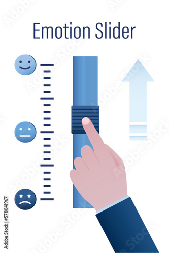 Controlling emotions and moods. Large hand moves slider towards positive thinking and good mood. Mental health concept. Various emotions on measuring scale.