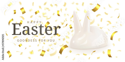 Happy Easter. Goodness for you. Festive card with white rabbit figurine of congratulatory text surrounded by streamer confetti. Suitable for Easter Sunday. 3d vector illustration