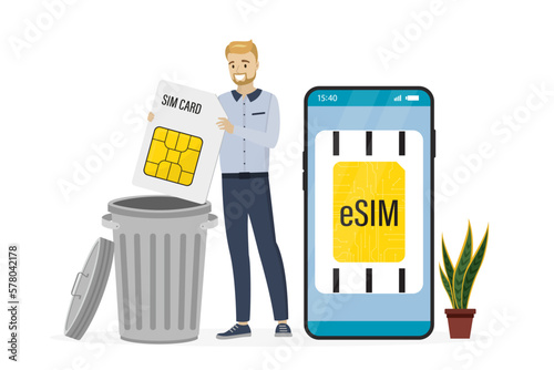 Smart user throws standard simcard out into trash can. Esim, smartphone with embedded sim card, modern technology. Electronic digital card microchip, new mobile communication technology.