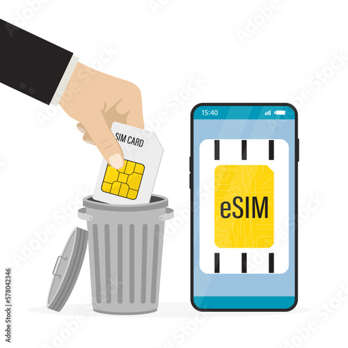 Hand throws standard simcard out into trash can. Esim, smartphone with embedded sim card, modern technology. Electronic digital card microchip, new mobile communication technology.