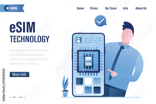 ESIM, landing page template. Smart man user activate esim on mobile phone. Embedded sim card on smartphone screen. Cell phone without classical sim card, digital technology