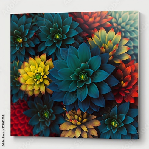 abstract floral background blue green red and yellow colorful flower pattern, Generative AI