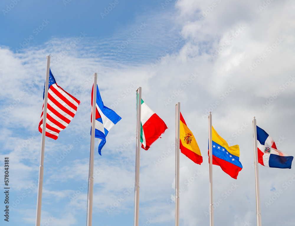 country union flags on flagpole. country union flags outdoor. country union flags with nobody