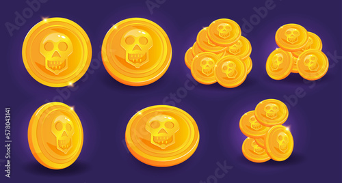 Pirate gold coin with scull. Cartoon style game GUI  icon.