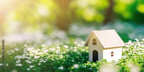 Eco house concept, wooden house on green grass