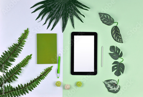  Digital tablet mockup with blank screen ,decorative botanical green plants, notebook , pen , isolated on white and light green background .Top view, flat lay. Studying concept. Free copy space
