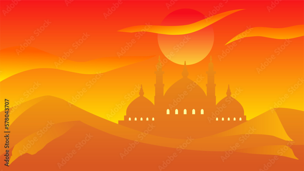 Background of silhouette mosque in the desert for islamic design. Landscape element for design graphic ramadan greeting in muslim culture and islam religion. Ramadan wallpaper of desert hill