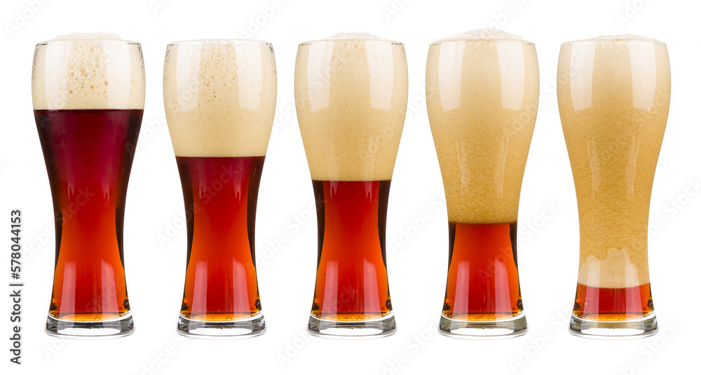 Five glasses of red beer in filling up in sequence, png isolated on transparent background - obrazy, fototapety, plakaty 