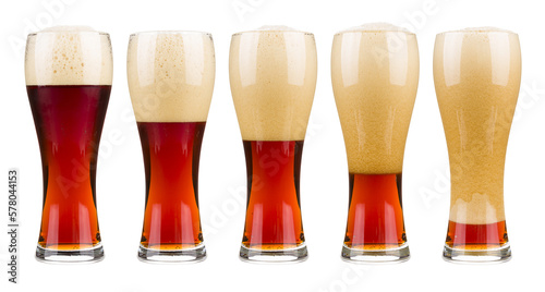 Quadro su tela Five glasses of red beer in filling up in sequence, png isolated on transparent