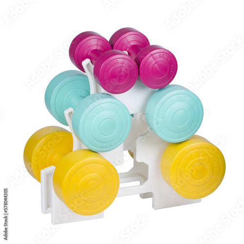 Stack of bright colored athletic rubber dumbbells, png isolated on transparent background