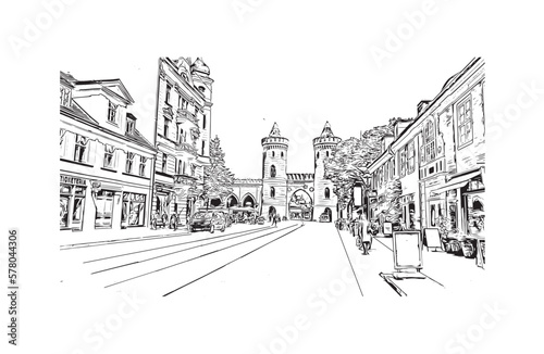 Building view with landmark of Potsdam is the 
city in Germany. Hand drawn sketch illustration in vector.