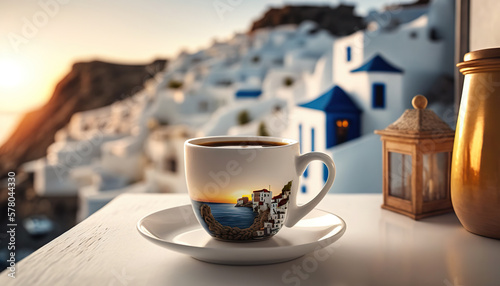 Cup of coffee on blurred background of picturesque Greek village. Romantic view. Based on Generative AI