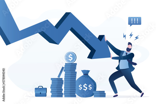 Falling graph, entrepreneur fighting with economic and financial crisis, bankruptcy. Trying to save savings. Dismissal of an employee due to financial problems at company