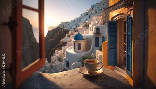 Cup of coffee on blurred background of picturesque Greek village. Romantic view. Based on Generative AI photo