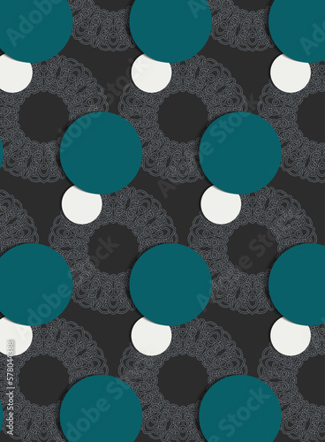 Seamless pattern with ornament and circles on the grey background