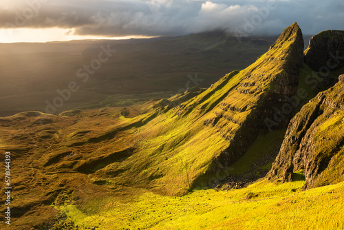 Golden light at The Quiraing seen from Dun Dubh on The Isle of Skye, Scotland, UK. photo