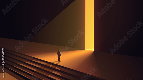 a man standing huge open btight entrance